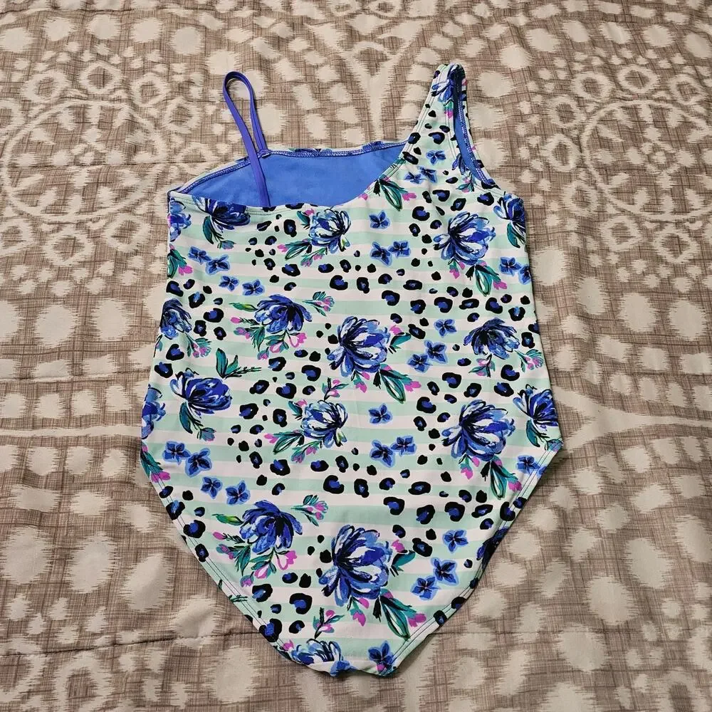 Wonder Nation Girls Swimsuit One Piece Size 2XL (18) Blue White Leopard Floral